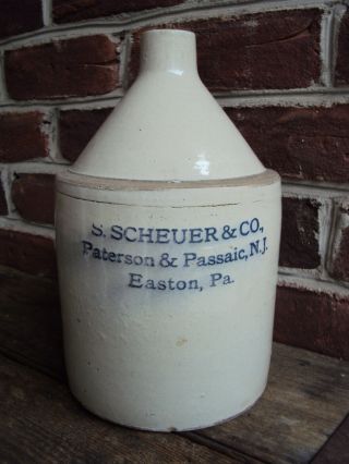 Antique Stoneware Jug Scheuer & Co Paterson Passaic Nj Easton Pa Liquor Whiskey
