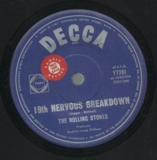 The Rolling Stones Rare 1966 Aust Promo Only 7 " Single " 19th Nervous Breakdown "
