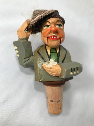German Hand Carved Wood Moving Head,  Hat & Mouth Bottle Cork Stopper Vintage L2