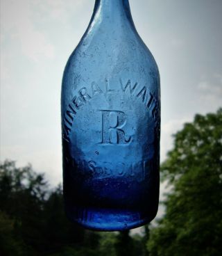 IRON PONTILED COBALT BLUE A.  W.  RAPP DYOTTVILLE GLASS MINERAL WATER BOTTLE 8