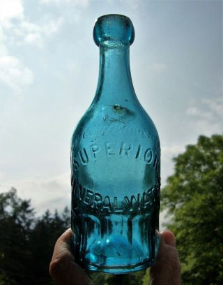 Iron Pontiled Sapphire Blue Union Glass Superior Mineral Water Bottle