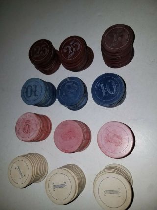 120 Antique Clay Poker Chips 25,  1,  5,  10,  Victorian Style Lettering