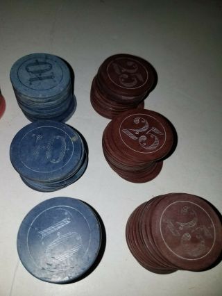 120 antique clay poker chips 25,  1,  5,  10,  Victorian style lettering 3