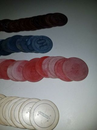 120 antique clay poker chips 25,  1,  5,  10,  Victorian style lettering 5