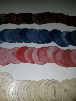 120 antique clay poker chips 25,  1,  5,  10,  Victorian style lettering 7