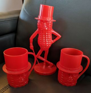 Vintage Red Plastic Mr Peanut Bank With 2 Cups