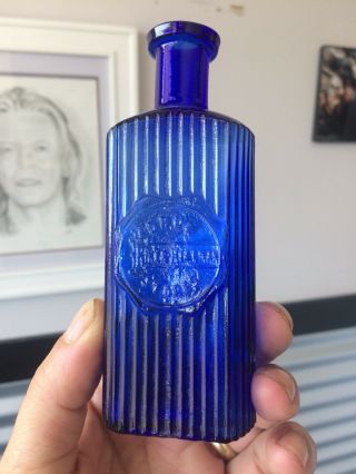 Antique Cobalt Blue Glass Ribbed Poison Bottle Riker Hegeman Drug Stores