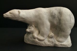 White Soapstone Carving Polar Bear W Cubs Aarktik Sculptures Canada 10 " Figurine
