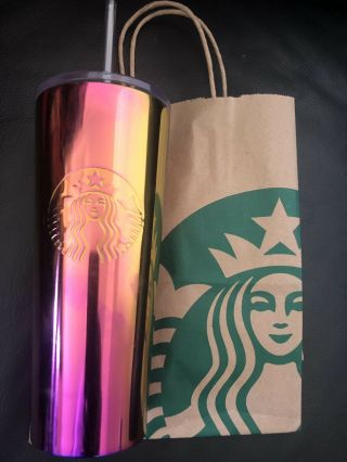 2019 Starbucks Cold Cup Iridescent Pink Purple Stainless Steel Tumbler 24 Oz