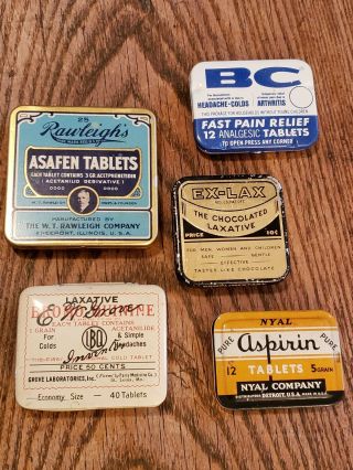 5 Vintage Advertising Medicine Tins/ Aspirin,  Laxatives,  Etc.
