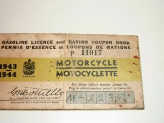 RARE 1943 - 44 MOTORCYCLE QUEBEC LICENCE PLATE M - 2235 GASOLINE LICENSE,  RATION. 3