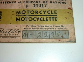 RARE 1943 - 44 MOTORCYCLE QUEBEC LICENCE PLATE M - 2235 GASOLINE LICENSE,  RATION. 4
