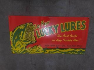 Vintage Authentic Porcelain Lucky Lures Enamel Sign 36 X 18 Inches
