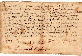 1702,  Rowley,  Mass; Spafford Family,  Release Of Estate Of John Spafford,  Signed