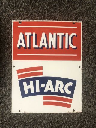 Vintage Atlantic Hi Arc Gas Pump Plate Porcelain