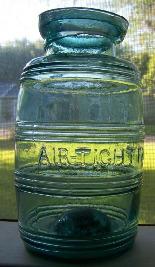 Air Tight Fruit Jar W Iron Pontil Shaped Like A Barrel Hand Blown Wax Sealer