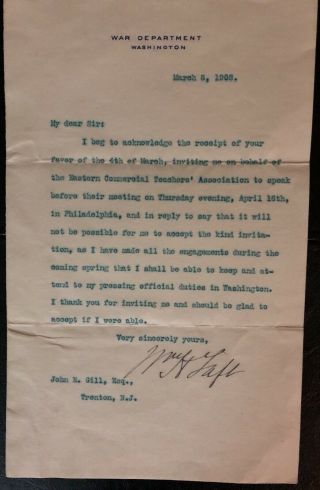 President William H Taft Beckett Authenticated Signed March 8,  1908 Letter