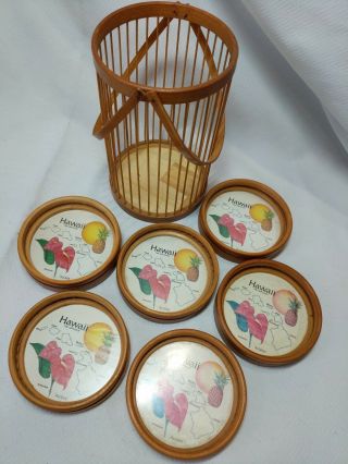 Set Of 6 Vintage Hawaii Bamboo Coasters With Holder Carrier Islands Flower Aloha