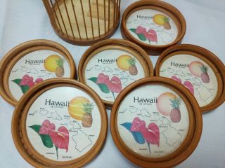 Set of 6 Vintage Hawaii Bamboo Coasters with Holder Carrier Islands Flower Aloha 2