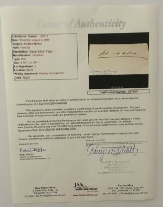 Andrew Mellon Signed Autographed 3.  25 x 4.  5 Album Page Full JSA Letter 2