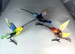 Blown Glass Animal 3 Hummingbirds Long Beak Murano Figurine Art