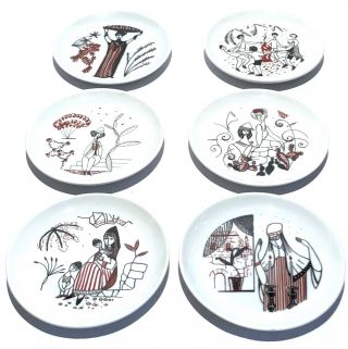 Naaman Israel 6 Vintage Mid Century Modern Porcelain Coasters Plates / Dishes