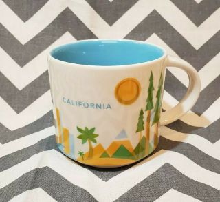 Starbucks California You Are Here Mug 14oz Sun Beach Palm Trees Blue Yellow