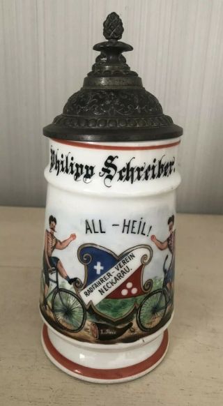 Antique German Painted Porcelain & Pewter Beer Stein Tankard With Lithophane