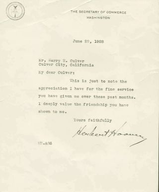 President Herbert Hoover Signed Autographed 1928 Typed Letter Beckett Bas