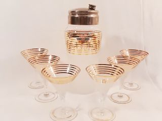 1940s Cocktail Shaker W Gold Bands & 6 Matching Martini " V " Shaped Glasses