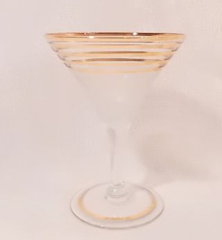 1940s COCKTAIL SHAKER w GOLD BANDS & 6 MATCHING MARTINI 