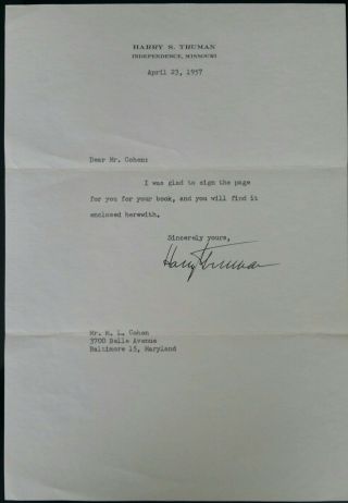 Harry Truman Signed Autograph Tls Jsa Certified Authentic