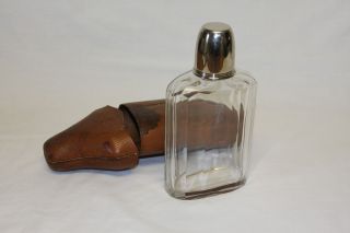 Vintage Flask Art Deco Glass With Leather Case