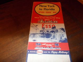 1955 Esso York To Florida " Upside - Down Map " Vintage Road Map