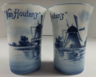 Two Germany Antique Blue Delft Porcelain Cups Advertising Van Houten 