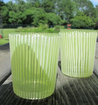 Set Of Vintage Mid Century 3 Oz Juice Shot Glasses Yellow W White Enamel Stripes
