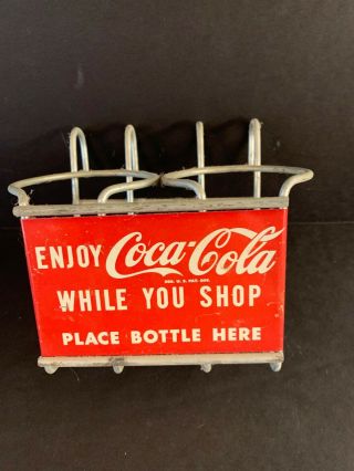Vintage Enjoy Coca - Cola Soda 2 Bottle Grocery Store Shopping Cart Ad Holder