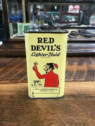 Vintage Red Devil 8oz.  Lighter Fluid Can - - Lead Tip - - Empty