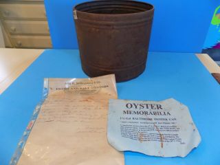 Vintage Antique Oyster Tin Can 2 1/2 Gallon John Mcnaney Baltimore Md W/ Receipt