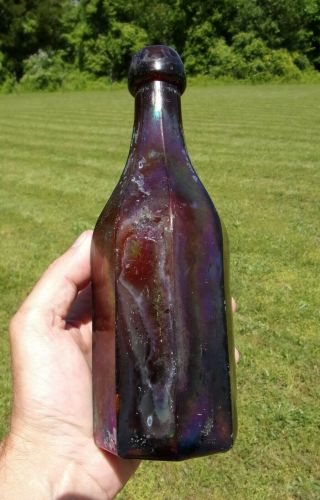 Rare Orange Amber 8 Sided Soda Mineral Water Bottle,  Cool Rainbow Patina,  Pontil 10