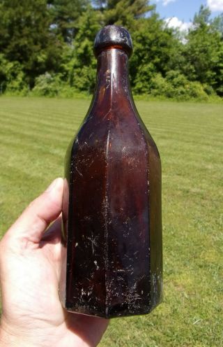 Rare Orange Amber 8 Sided Soda Mineral Water Bottle,  Cool Rainbow Patina,  Pontil 11