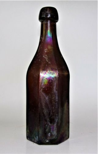 Rare Orange Amber 8 Sided Soda Mineral Water Bottle,  Cool Rainbow Patina,  Pontil