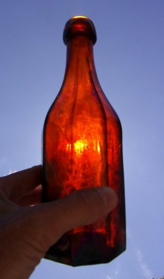 Rare Orange Amber 8 Sided Soda Mineral Water Bottle,  Cool Rainbow Patina,  Pontil 2
