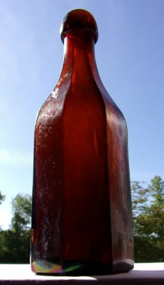 Rare Orange Amber 8 Sided Soda Mineral Water Bottle,  Cool Rainbow Patina,  Pontil 3