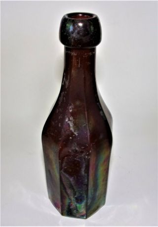 Rare Orange Amber 8 Sided Soda Mineral Water Bottle,  Cool Rainbow Patina,  Pontil 9
