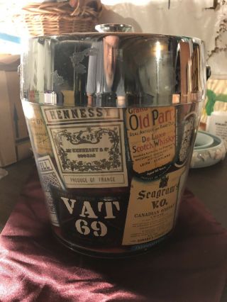 Vintage 1960 - 70s Booze Ice Bucket Liquor Bottles On It Vat 69 Hennessy Seagrams