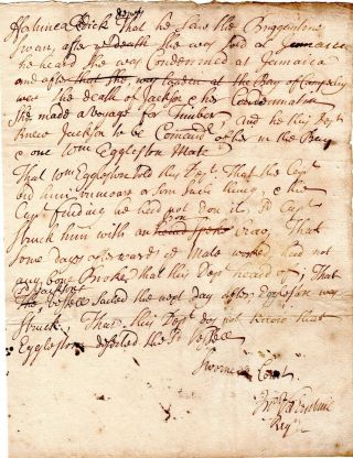 1703,  Brigantine Swan,  Captain Struck Mate With Iron Bar,  Jn.  Valentine Signed