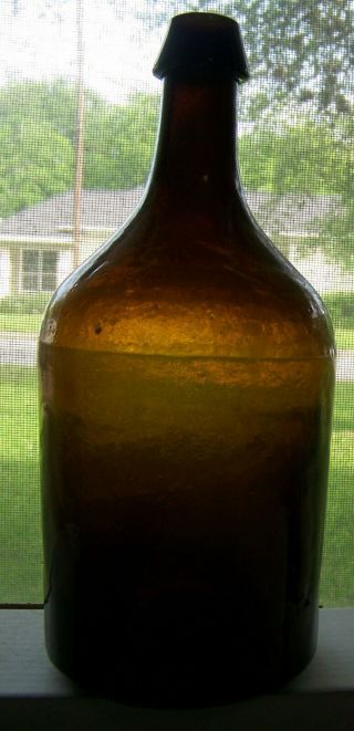 Olive Amber Demijohn Bottle W Pontil Dip Mold Or 3 Piece Mold Hand Blown Antique