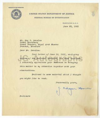 J.  Edgar Hoover - Fbi - Signed Letter To Freemason Ray V.  Denslow,  1951