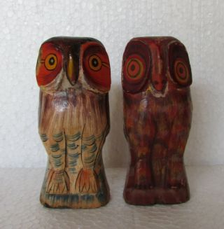 2 Pc,  Vintage Handcrafted Wooden Hand Painted Owl Statue,  Collectible